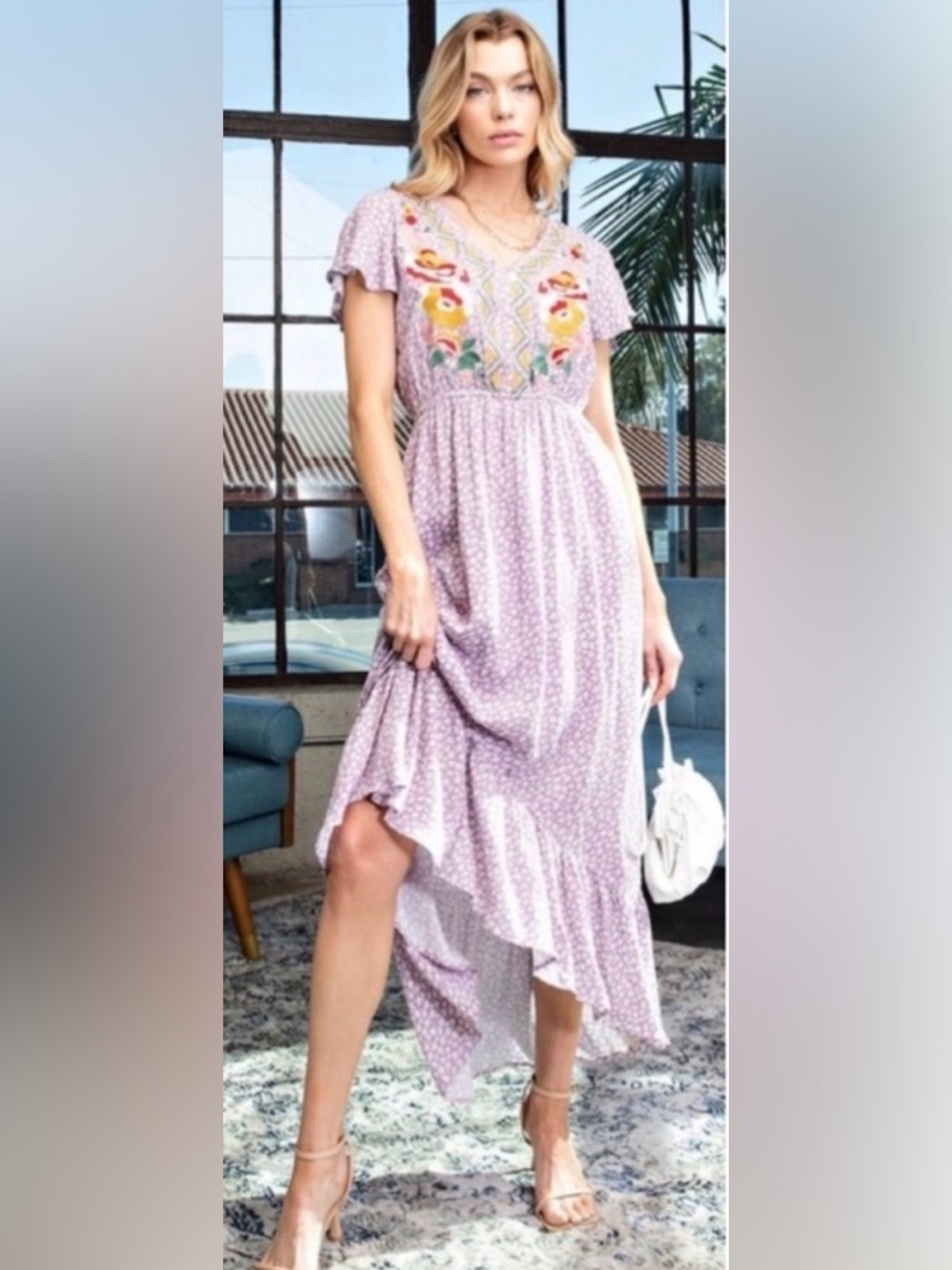 New Ditsy Floral Dusty Lilac Floral Embroidered Hi Low Spring Summer Dress